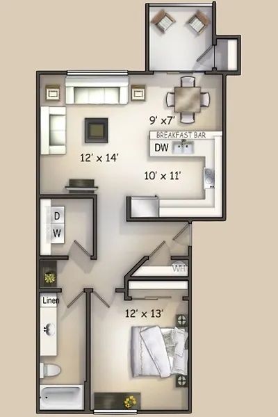 Apartment floor plan with three bedrooms, two bathrooms, living area, kitchen, and dining room.