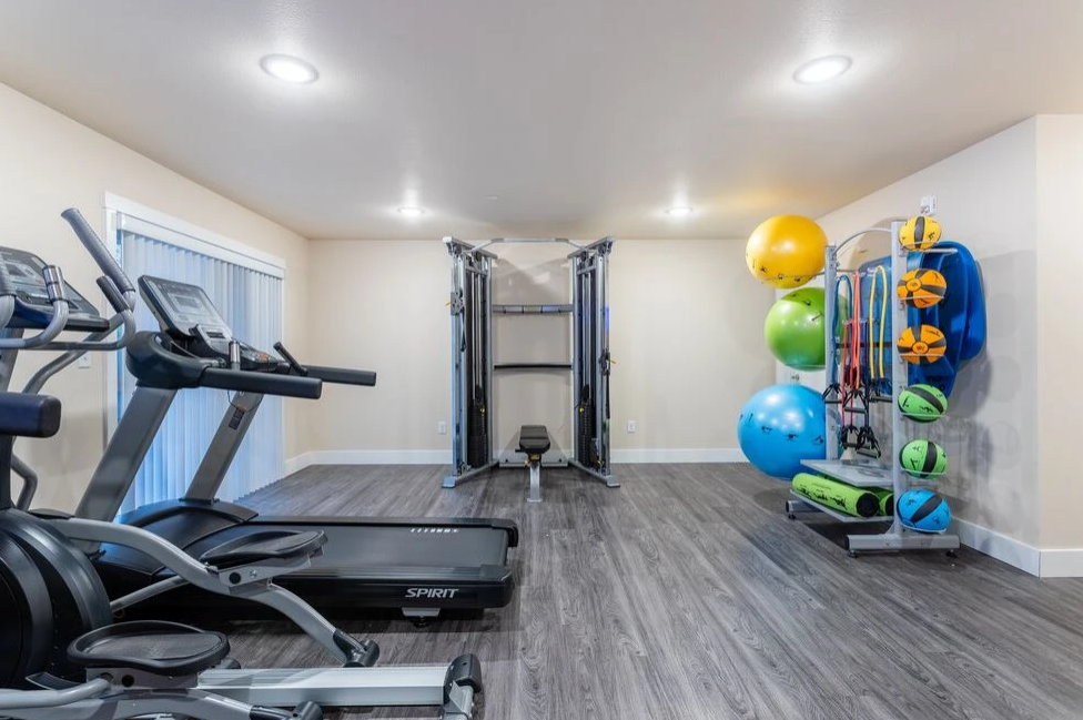 Bright home gym with treadmill, cable machine, medicine balls, and exercise equipment on gray floors