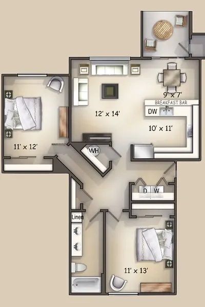 Top-down apartment floor plan with labeled rooms, including bedrooms, kitchen, bathrooms, and living area.