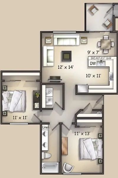 Floor plan of a three-bedroom apartment with labeled room dimensions and bathrooms.