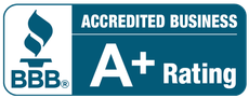 BBB Accredited Business A+ rating badge in blue and white