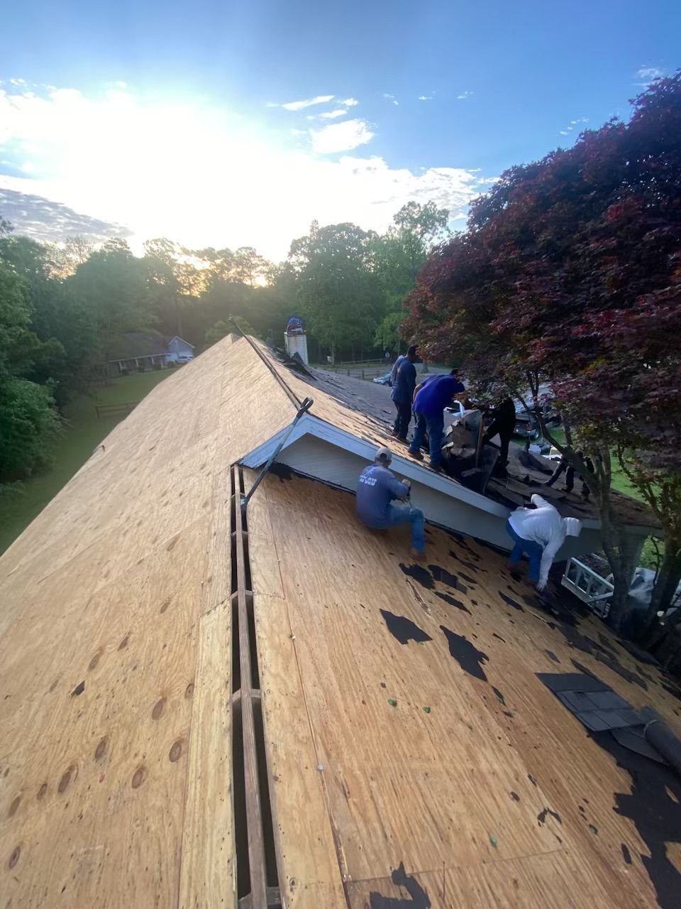 Workers repairing a shingled roof on a house beside trees at sunset