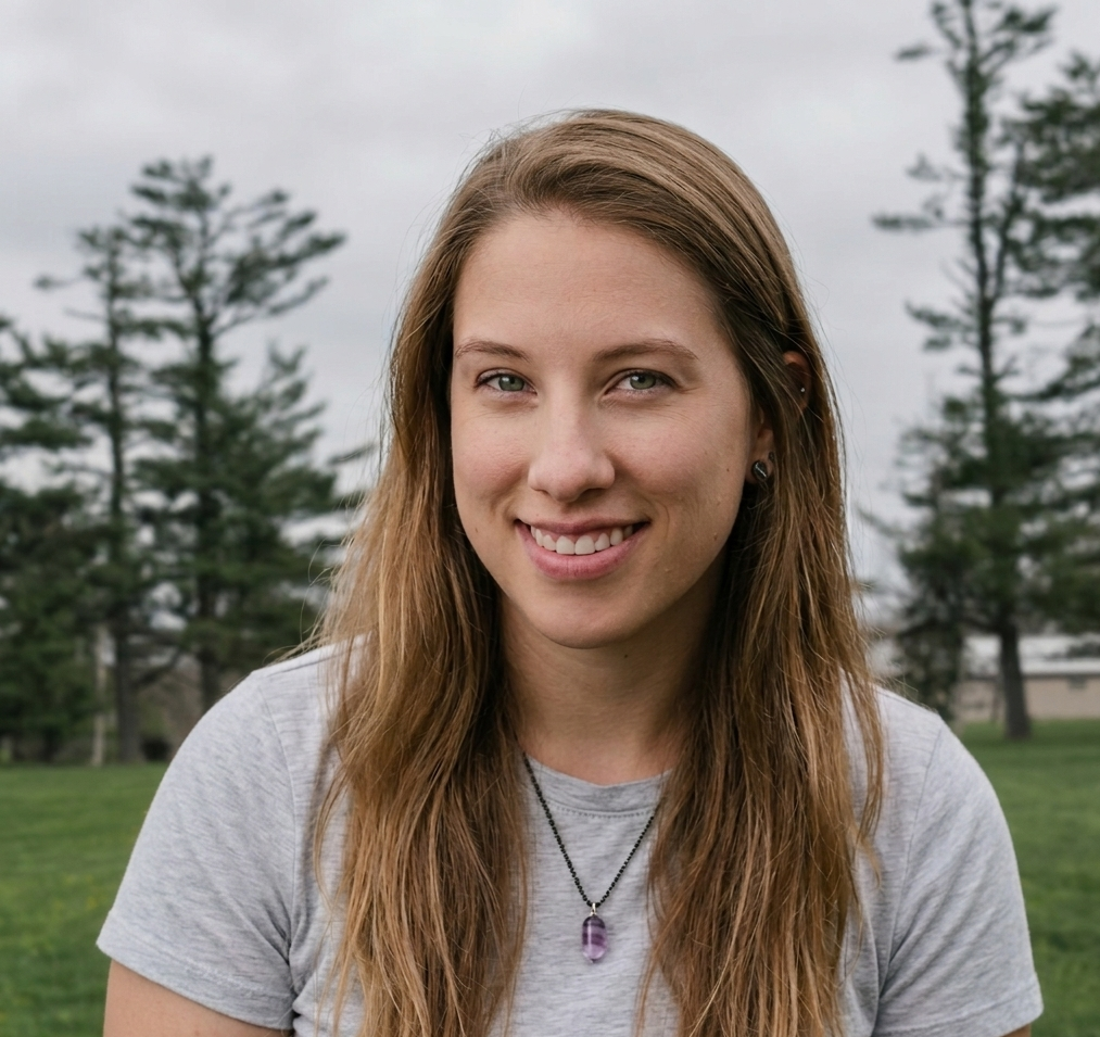 A woman wearing a blue tie dye shirt and a necklace is smiling.