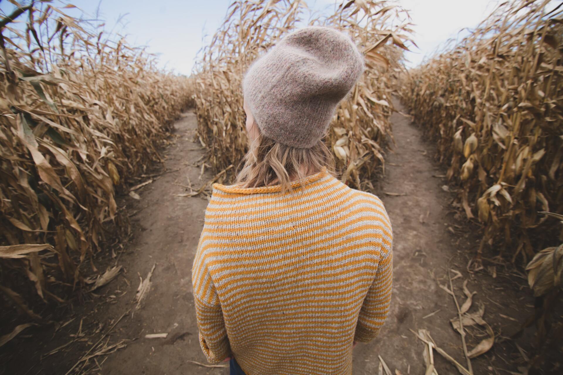 A woman is standing in the middle of a corn field.