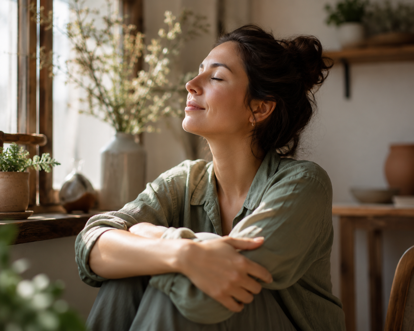 A person sitting peacefully near a sunlit window, representing calm and healing from trauma and PTSD through therapy.