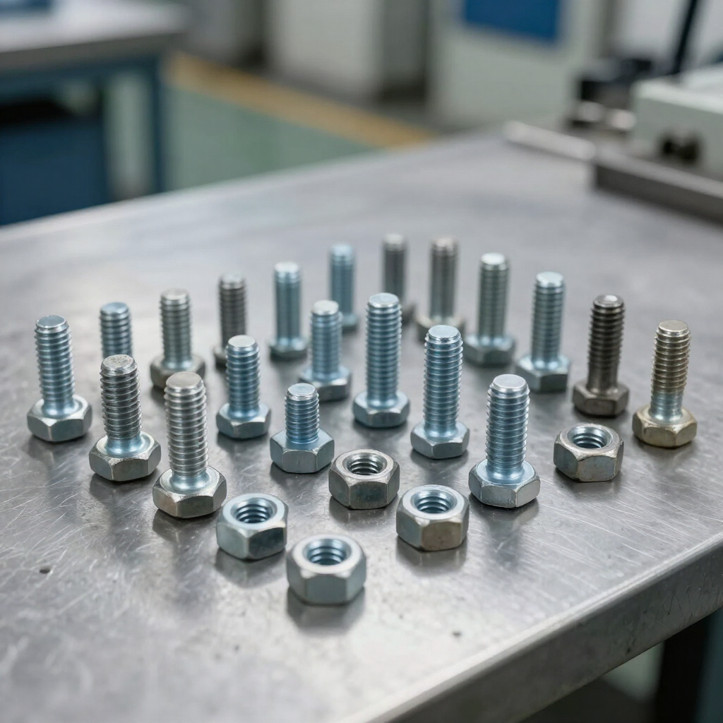 Tornillos y tuercas industriales organizados sobre superficie metálica