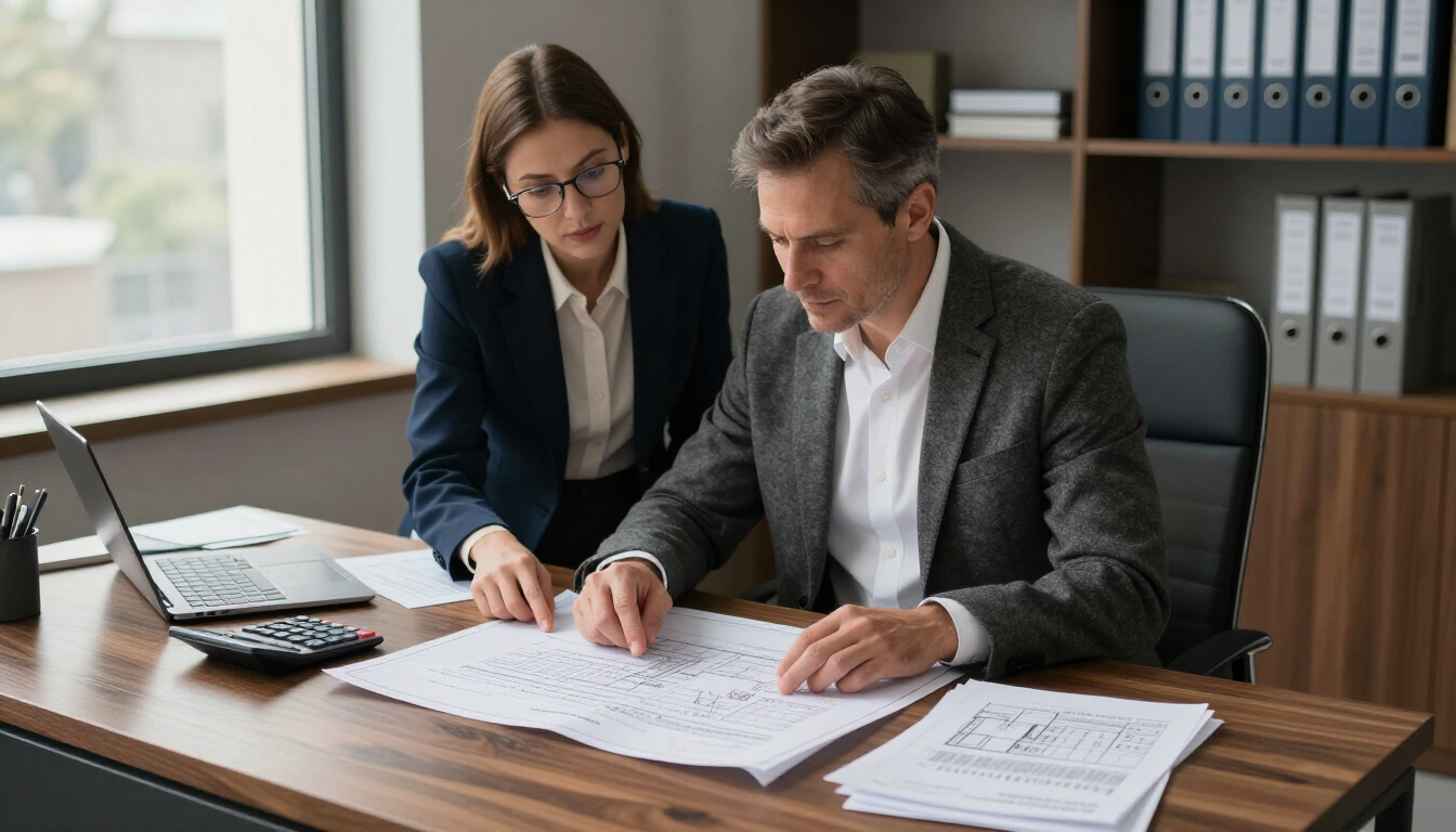 Photorealistic rental property owner reviewing a cost segregation analysis with an advisor, blueprints and calculator on the desk
