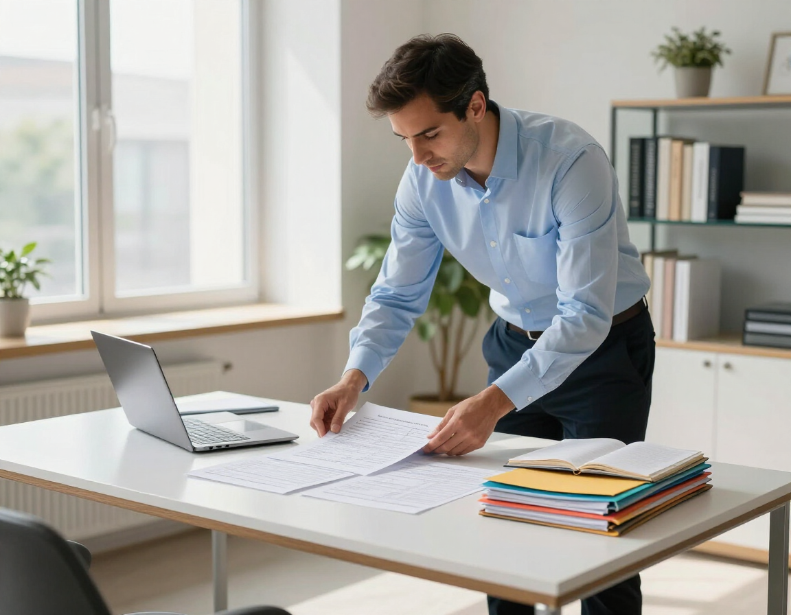 Photorealistic real estate investor organizing property records, time logs, and tax documents for real estate professional status