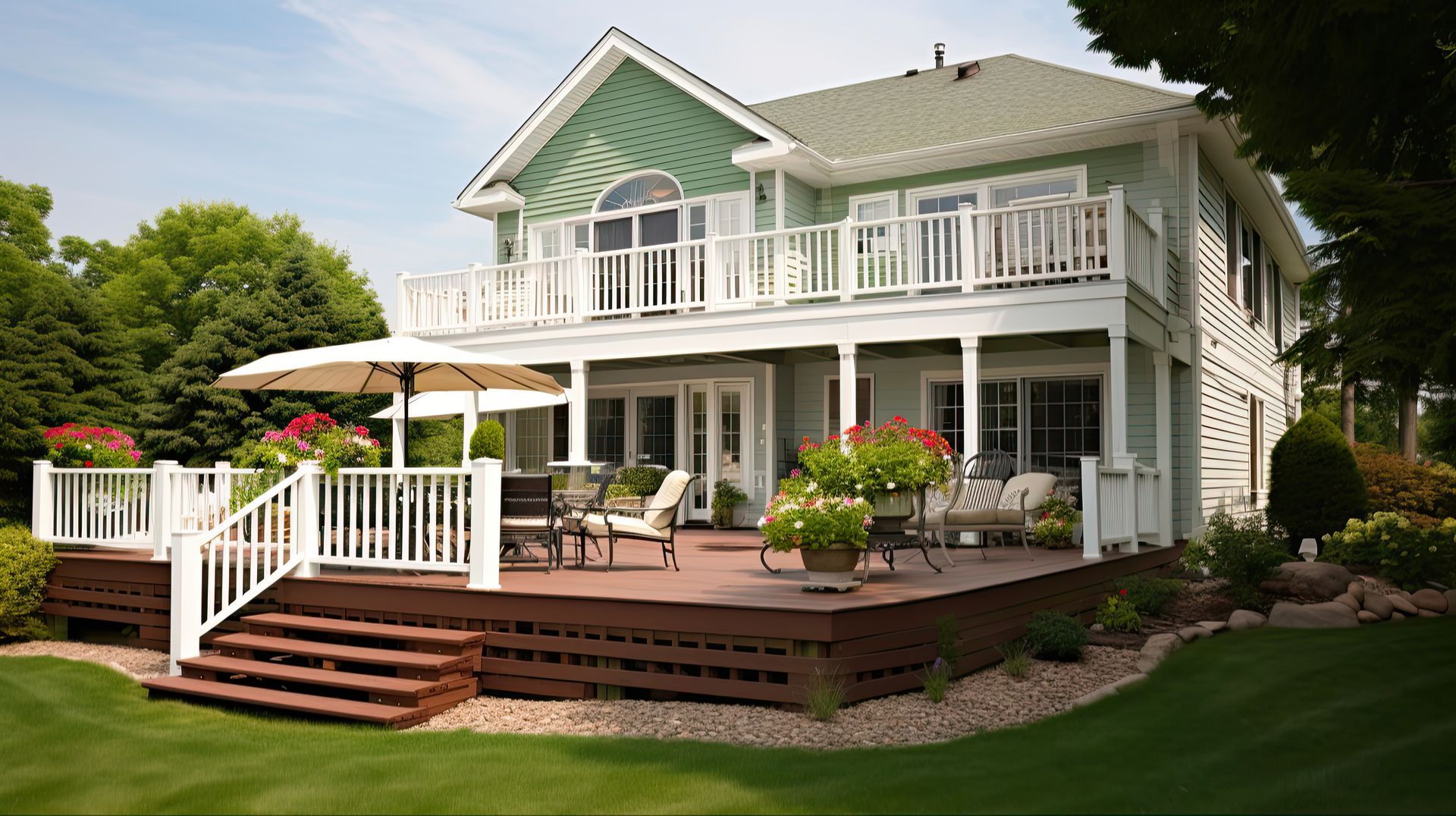 Two-story white house with wraparound porch, deck, and red flowers in a green yard