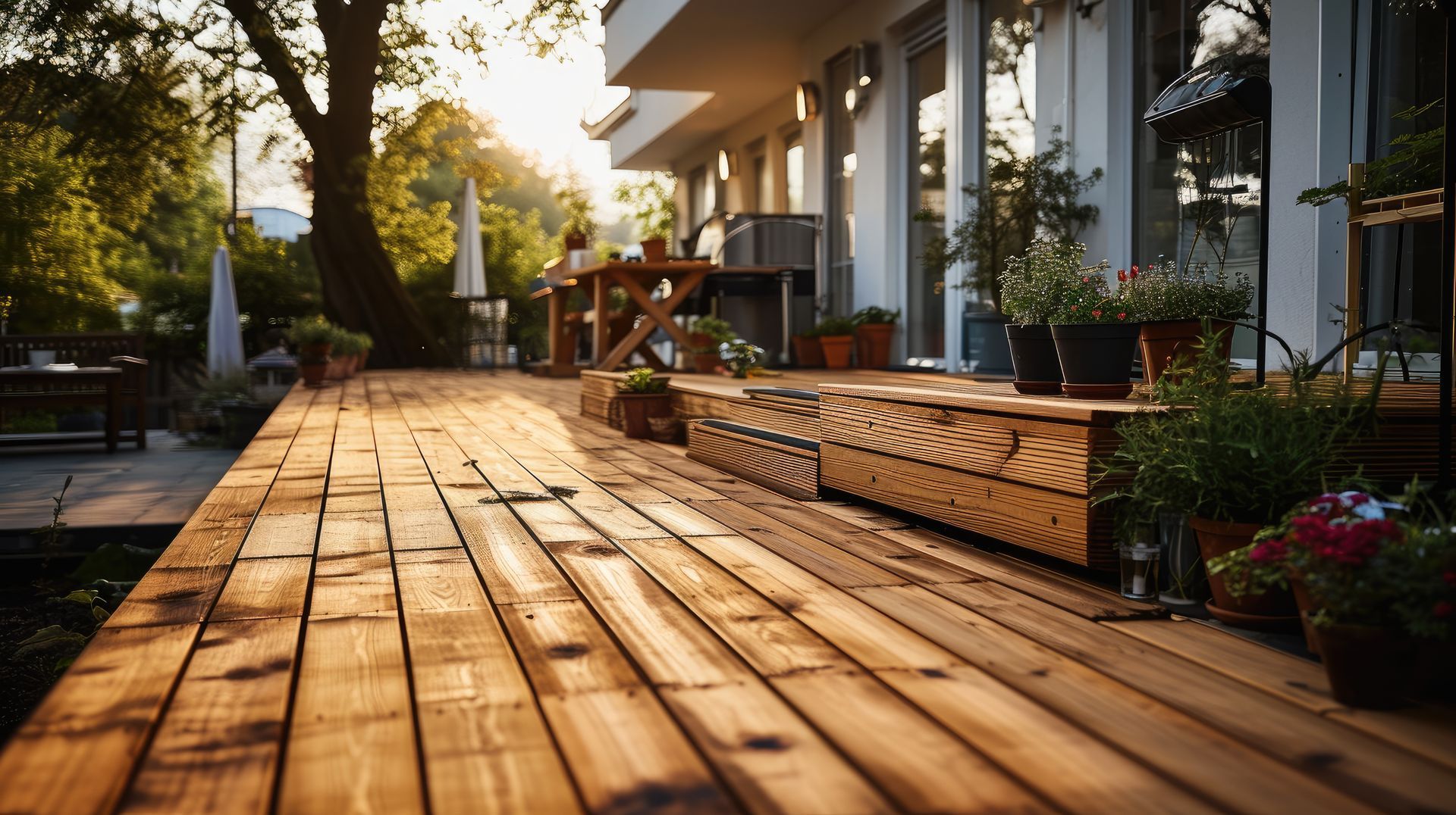 Sunlit wooden deck beside a modern house, with potted plants and outdoor seating at sunset