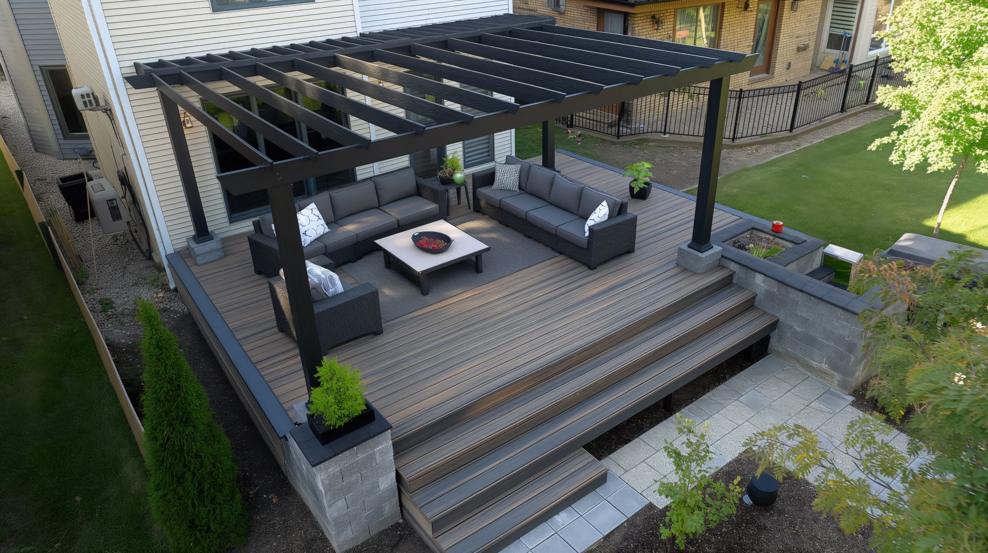 Modern backyard patio with pergola, outdoor seating, fire pit, and steps leading down to a landscaped garden.