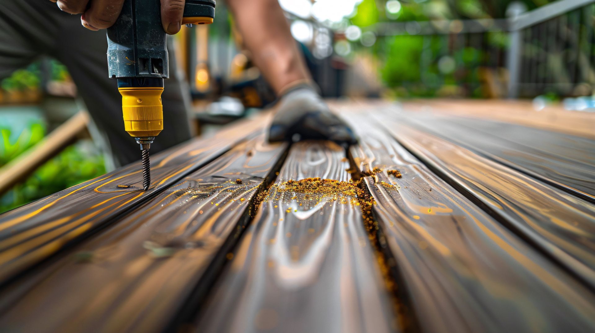 Drill bit boring holes into a wooden deck board during outdoor construction.