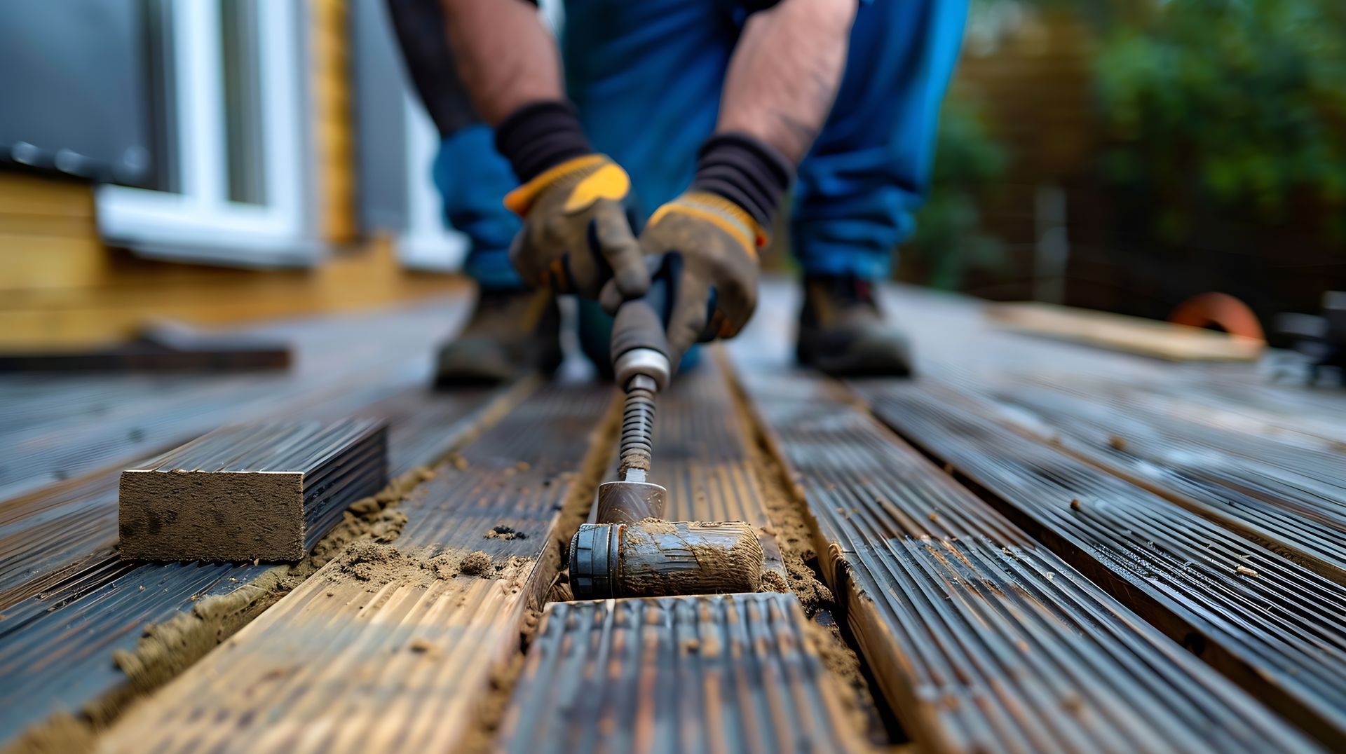 Worker using a tool to install wooden deck boards on an outdoor patio under construction