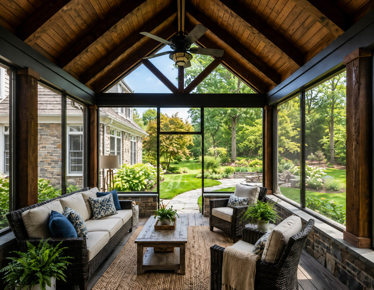 Covered patio with gray sofas, woven chairs, and coffee table overlooking a lush backyard garden.