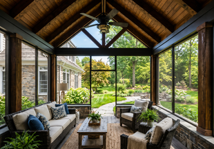 Covered patio with wicker seating, coffee table, and large glass walls overlooking a green garden.