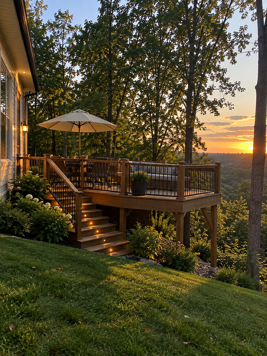 Deck overlooking sunset through trees, with lights, stairs, and a patio umbrella beside a house.