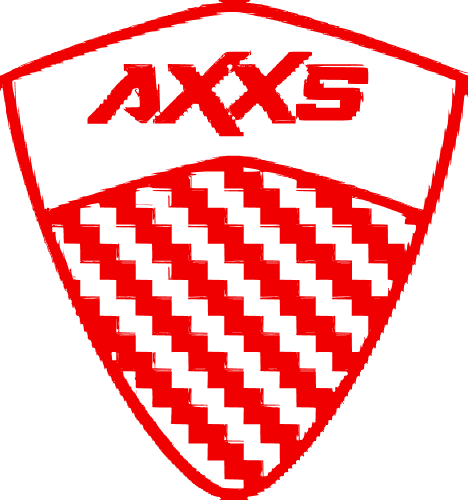 A red and white shield with the word AXXS on it