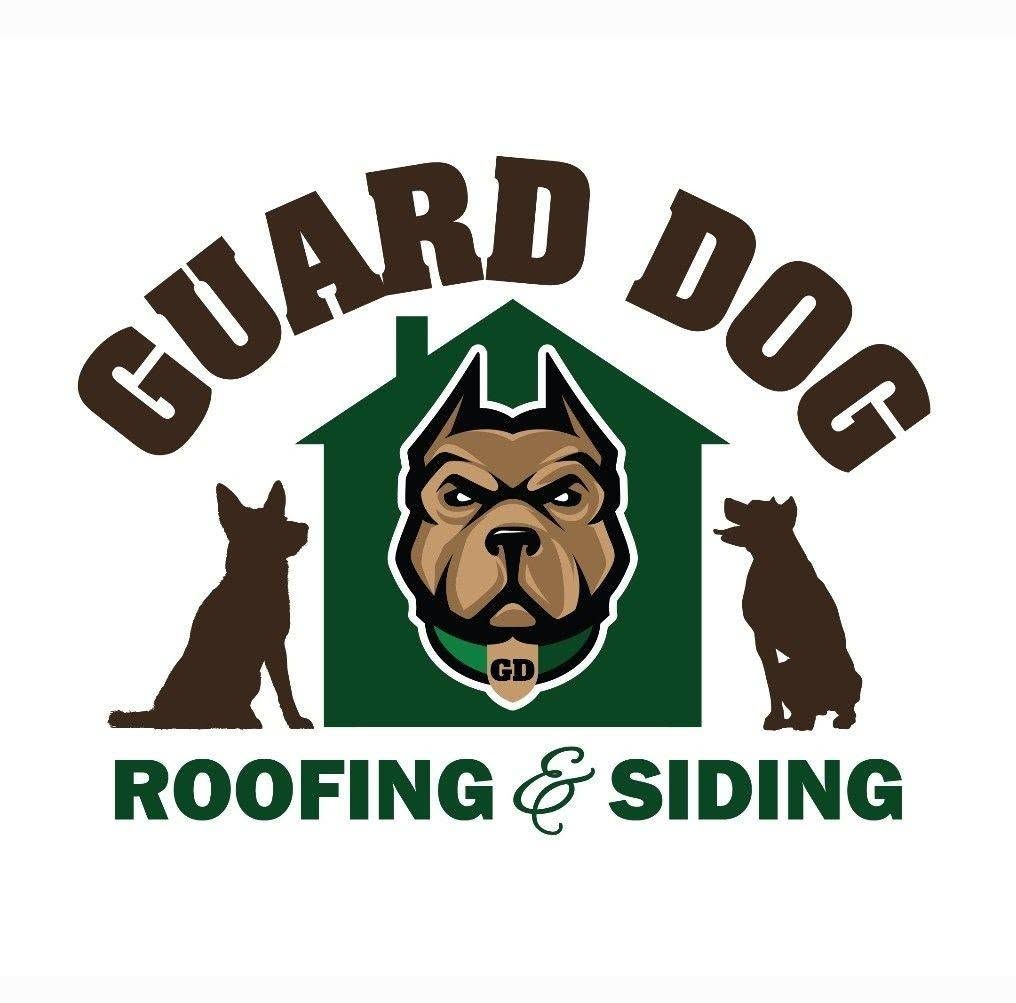 Guard Dog Roofing & Siding logo with German shepherd in green house and two dog silhouettes