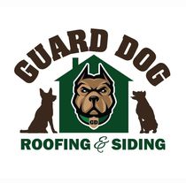 Guard Dog Roofing & Siding logo with German shepherd in green house and two dog silhouettes