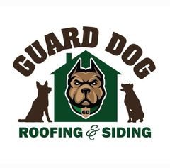 Guard Dog Roofing & Siding logo with German shepherd in green house and two dog silhouettes