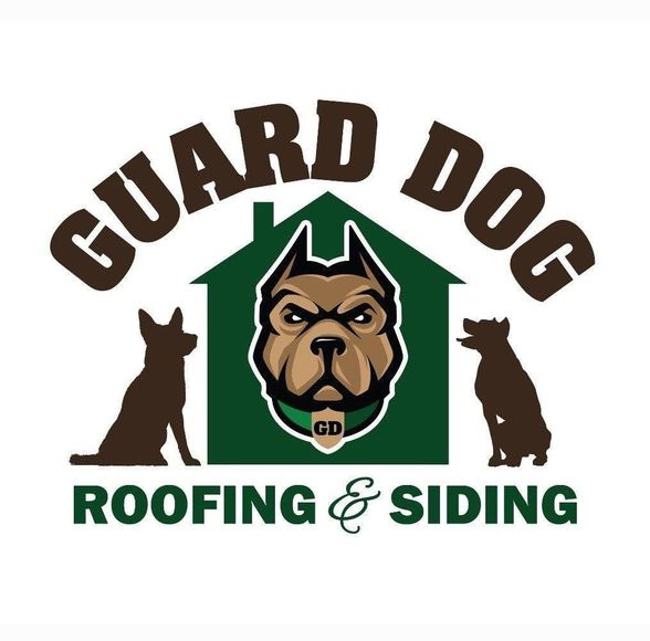 Guard Dog Roofing & Siding logo with dog head in green house and two dog silhouettes