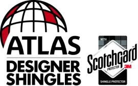 ATLAS Designer Shingles and Scotchgard Protection 3M logos side by side