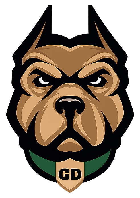 Stylized bulldog logo with black and tan face, green collar, and “GD” on a tag
