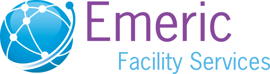 A blue and purple logo for emeric facility services