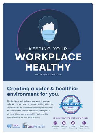 A poster that says `` keeping your workplace healthy '' with a man wearing a mask.