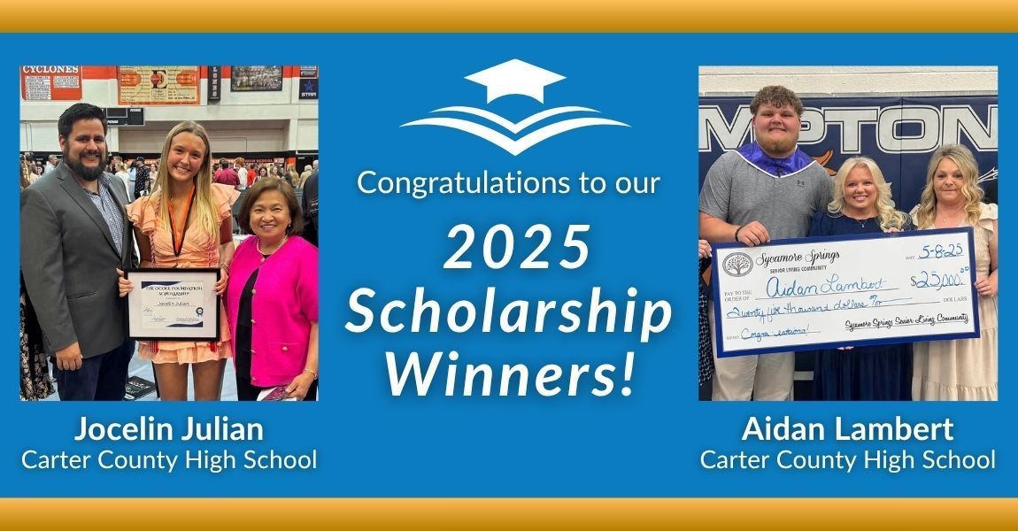 2025 scholarship winners collage with student photos, blue background, and congratulatory text