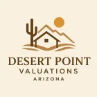Desert Point Valuations Arizona logo with a desert house, cactus, and sun in brown and gold.