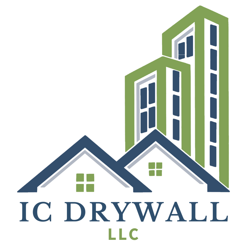 The logo for ic drywall llc shows a house and a building.