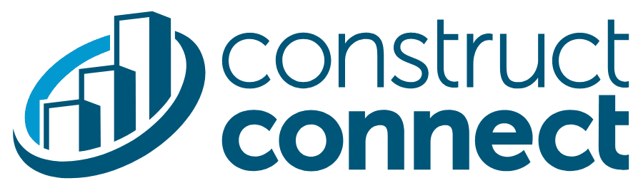 A blue and white logo for a company called construct connect.
