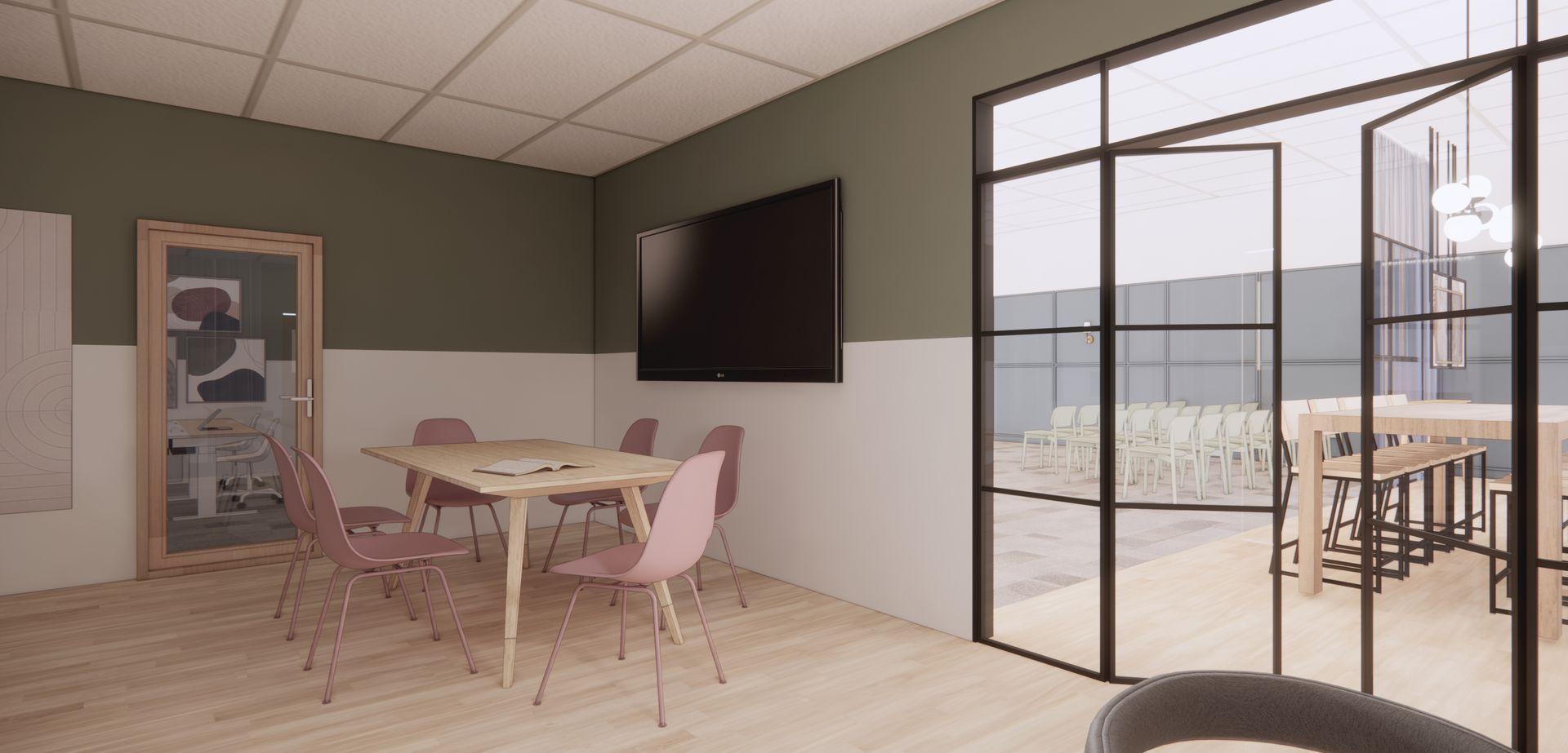An artist 's impression of a conference room with a table and chairs.