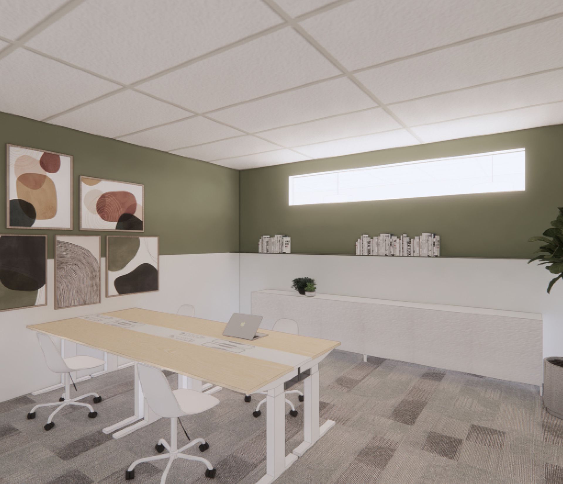 A computer generated image of a conference room with a table and chairs.