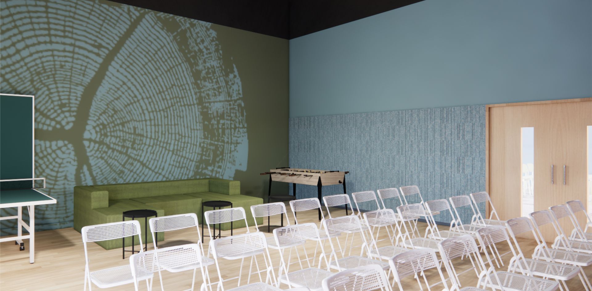A room with folding chairs and a ping pong table.