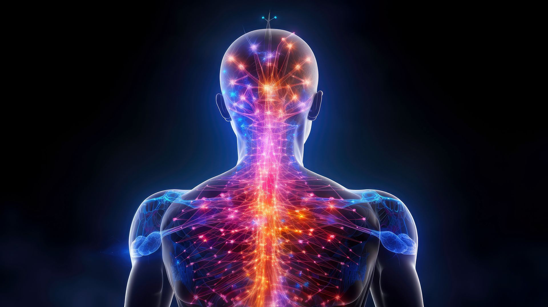 Glowing blue human silhouette with a bright red-orange spinal line and star-like energy points on a black background
