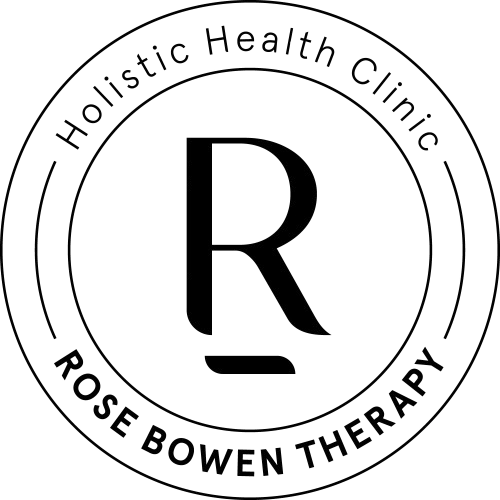 The logo for holistic health clinic rose bowen therapy has a letter r in a circle.