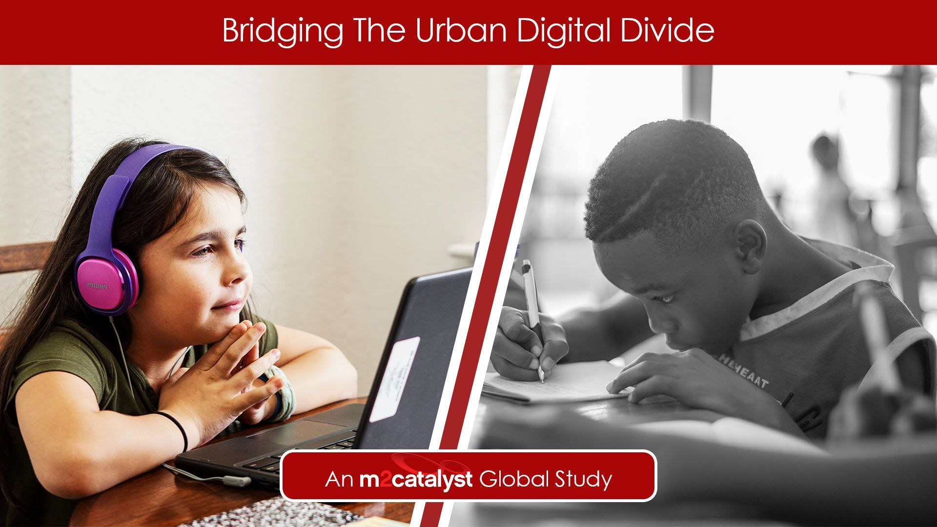 Split image: color child using a laptop and grayscale child studying; text reads 