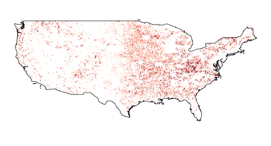 Map of the United States with many red dots clustered across the eastern half and scattered elsewhere.