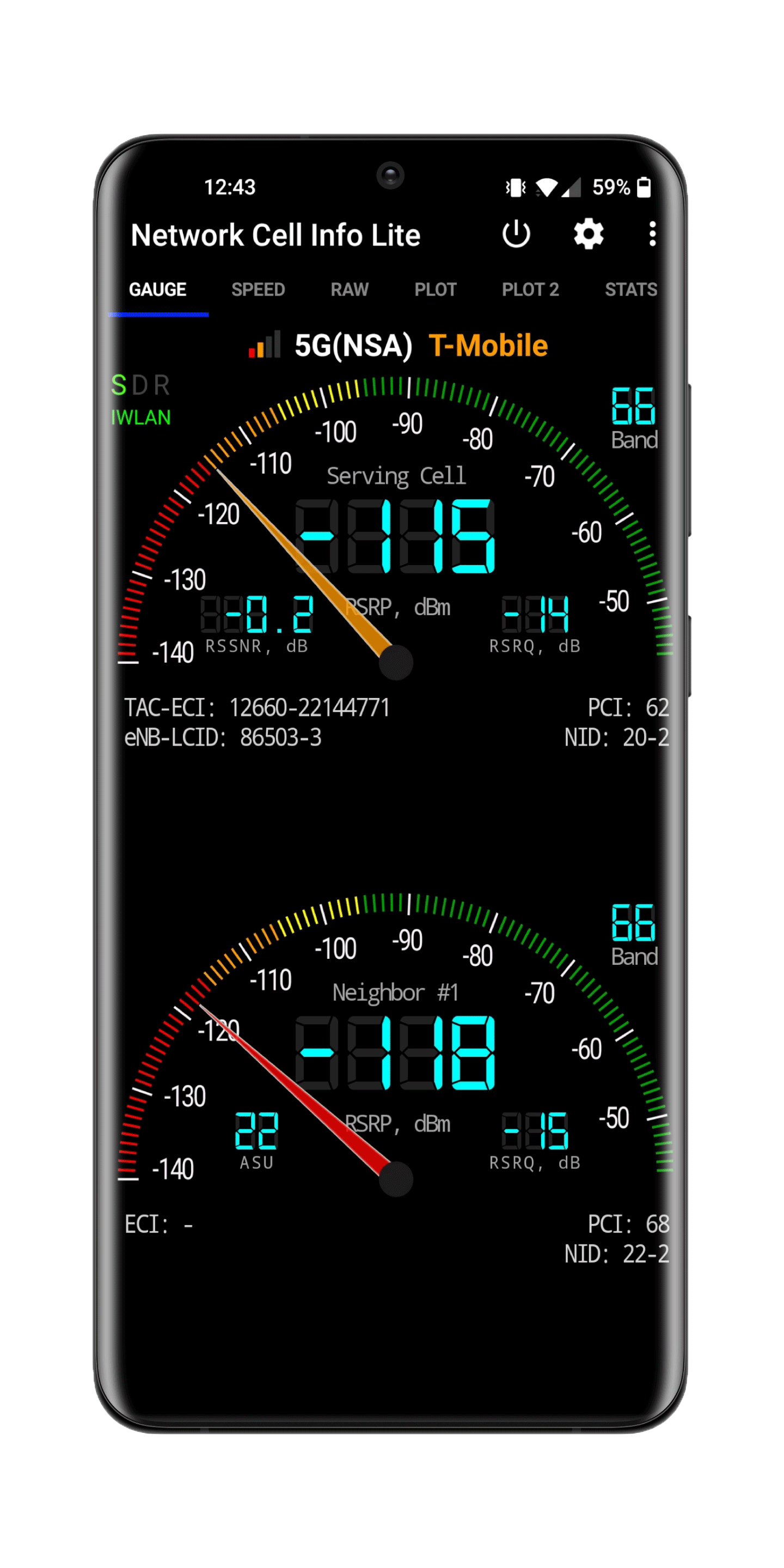 Smartphone displaying a black vehicle dashboard-style gauge app with colorful speed and meter dials