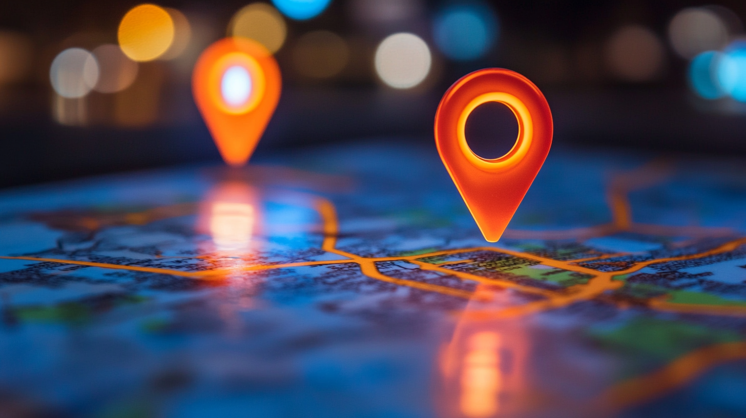 Glowing orange map pins marking locations on a blurred digital map background