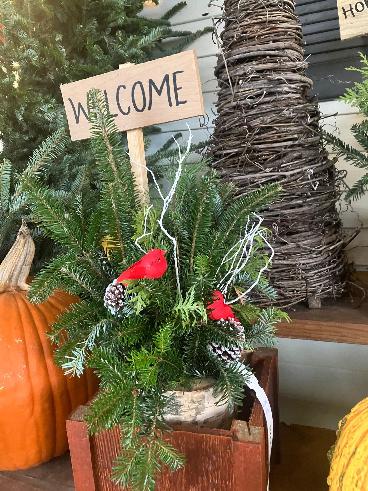 A wooden box filled with christmas decorations and a welcome sign.