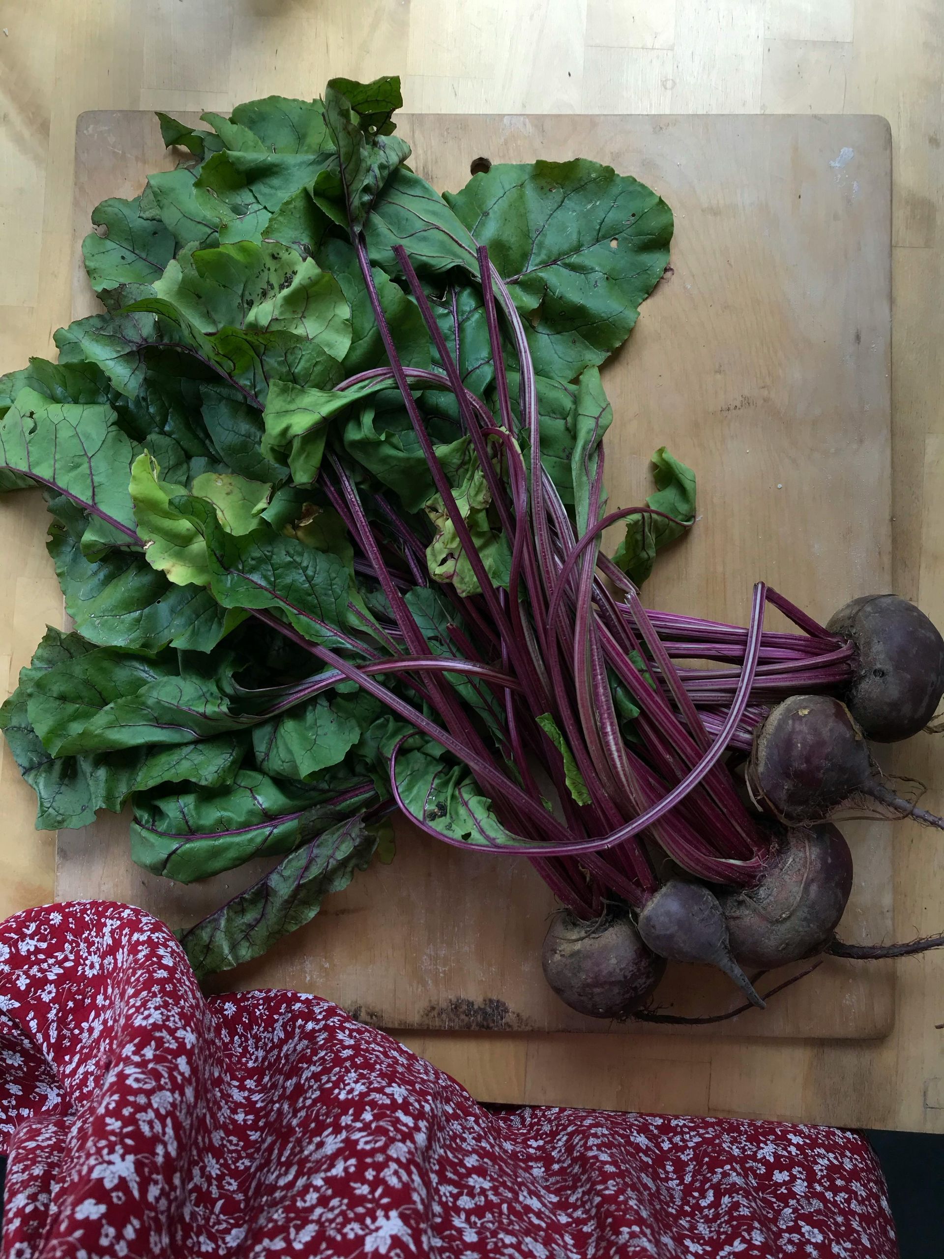 A bunch of beets with green leaves on a wooden cutting board