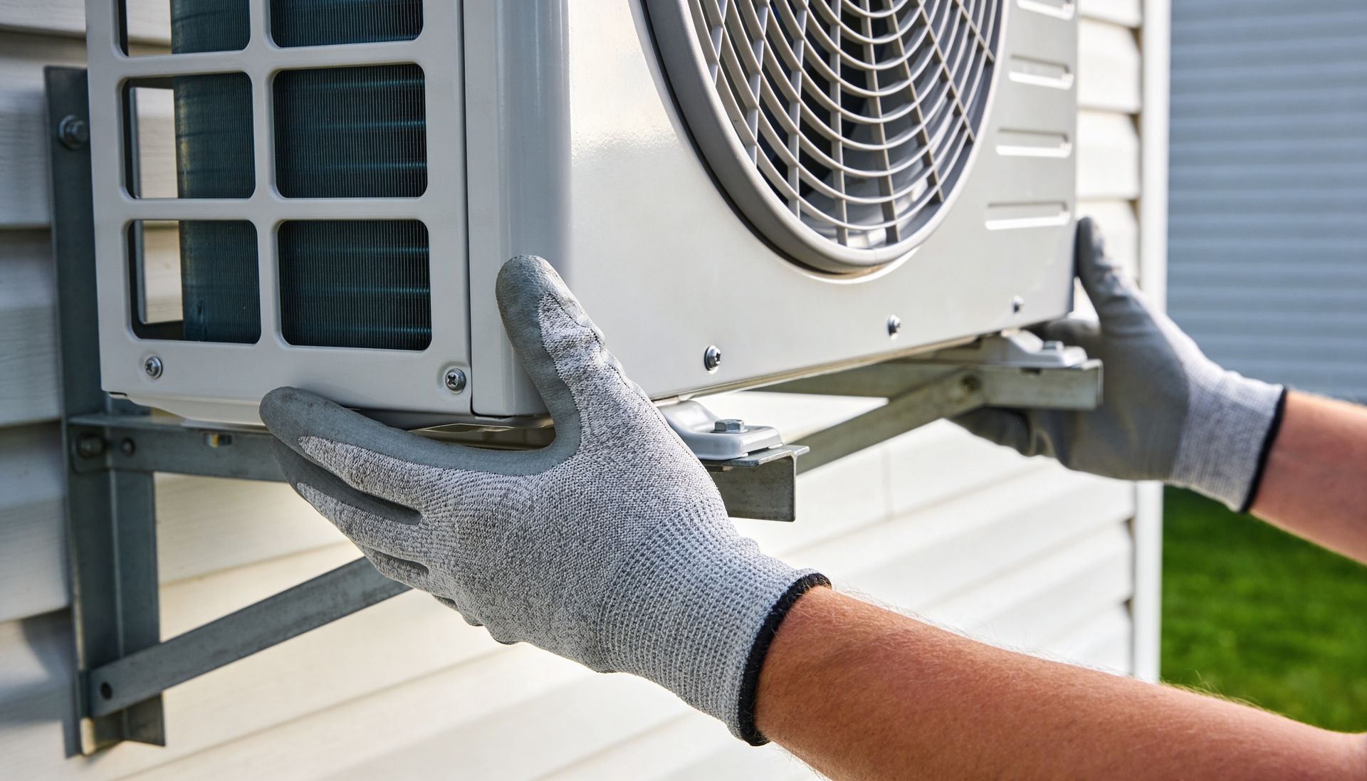 Air conditioning maintenance contractor carefully mounting a white outdoor condenser unit.