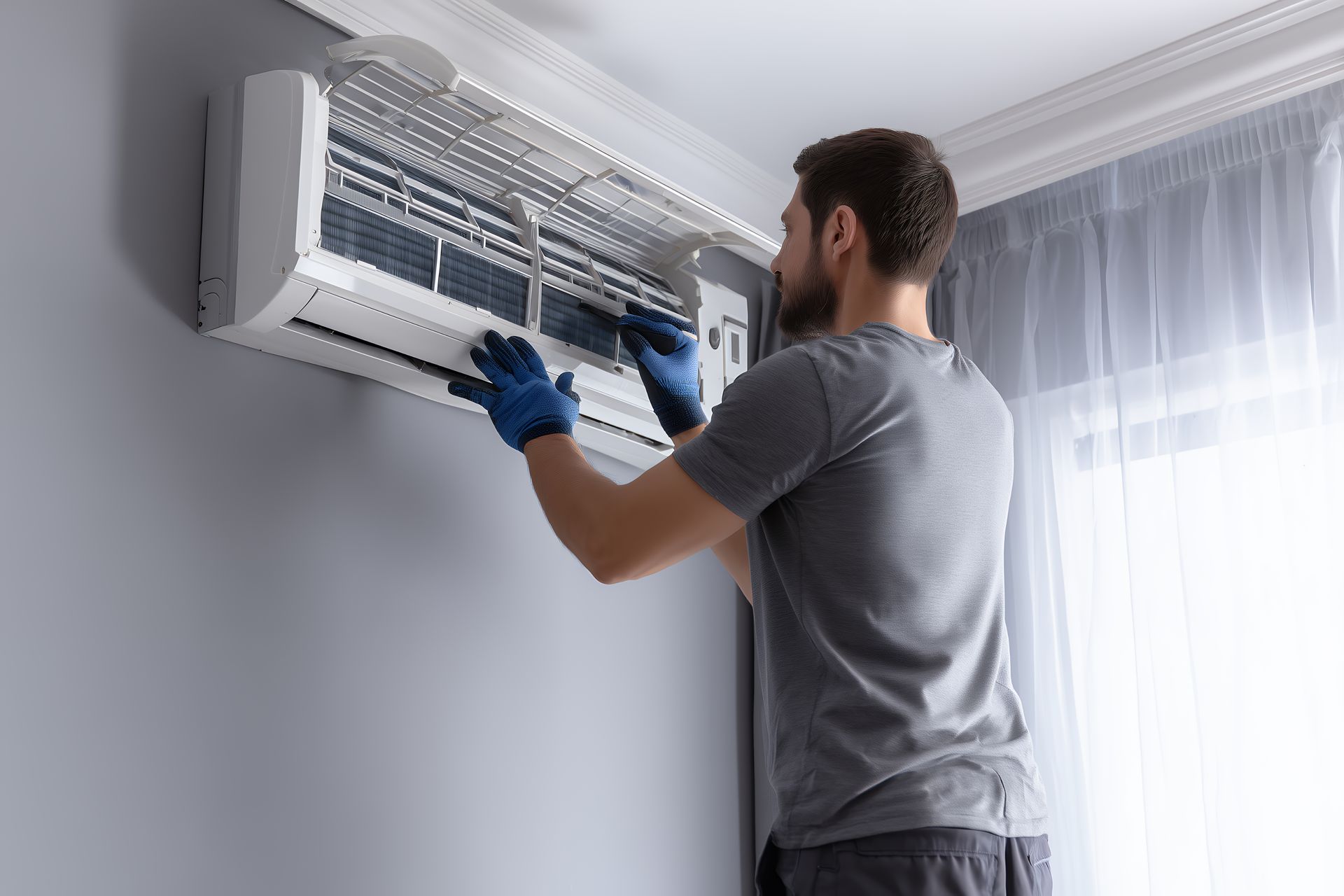 Air conditioning maintenance contractor carefully mounting a white outdoor condenser unit. Person cleaning a wall-mounted air conditioner with a blue cloth in a bright room