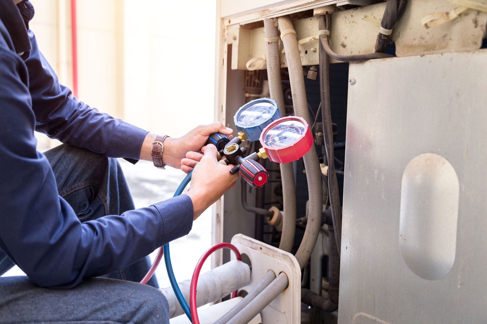 AC replacement contractor showcasing careful measurement and inspection. AC replacement contractor showcasing careful measurement and inspection.