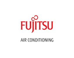 The fujitsu air conditioning logo is red and white on a white background.