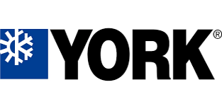 The logo for york is black and blue with a snowflake.