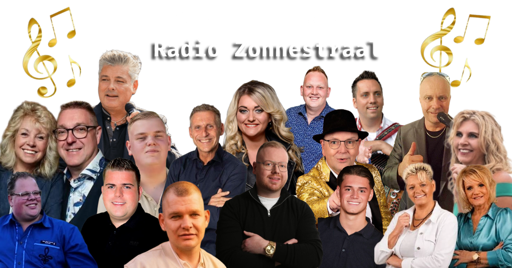Groepsportret van Radio Zonnestraal met lachende mensen tegen een blauwe lucht en muzieknoten op de achtergrond.